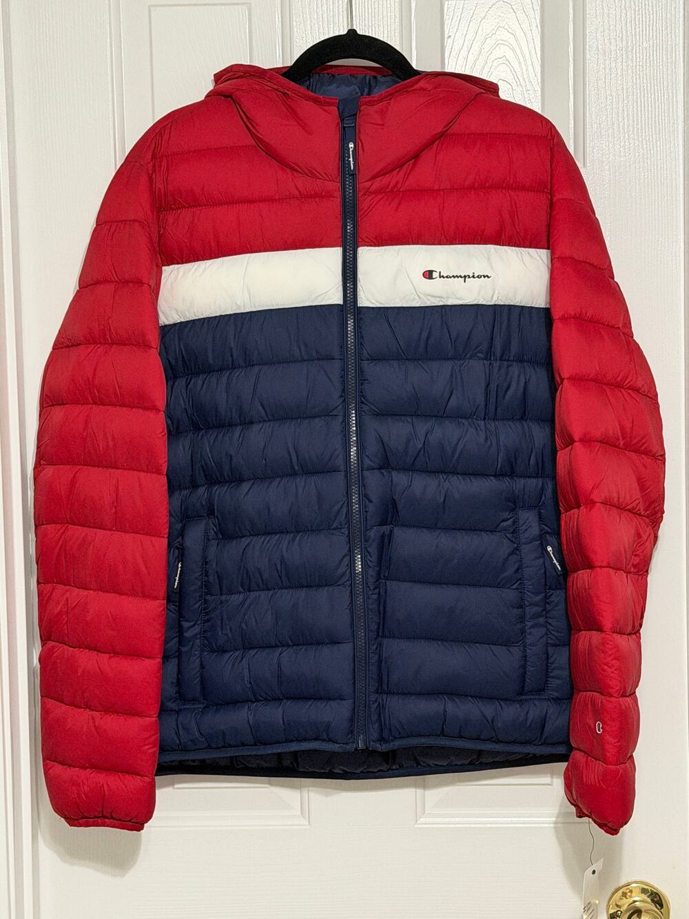 NWT Men's Champion Red, White, and Blue Puffer Coat with Hoodie